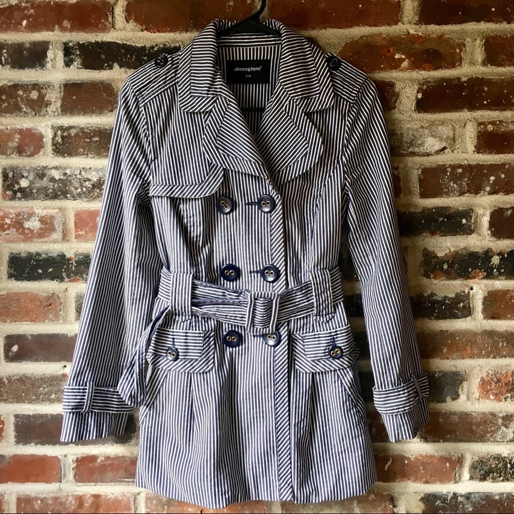 Atmosphere - Blue and White Striped Trench Coat